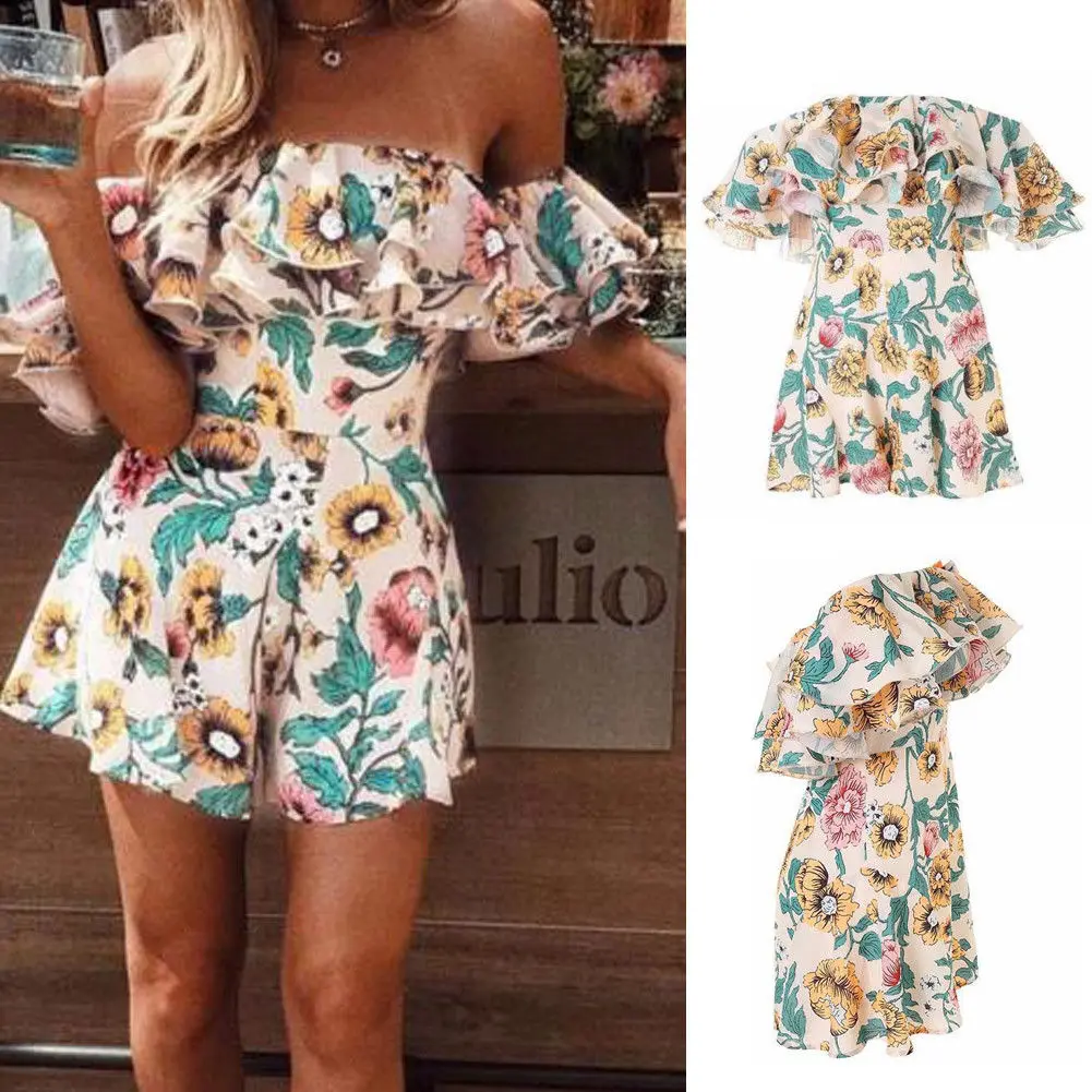 Женский комбинезон с оборками и цветочным принтом Boho элегантный белый открытыми