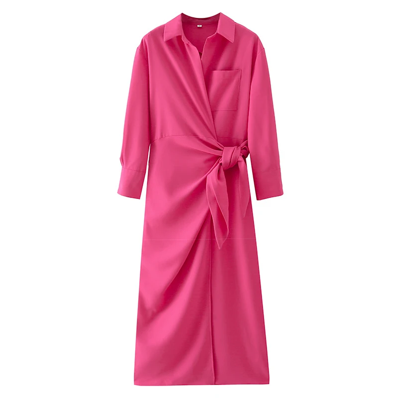 

Женское атласное платье-рубашка с запахом, Длинное Элегантное платье-трапеция с длинным рукавом, повседневные платья, лето 2021