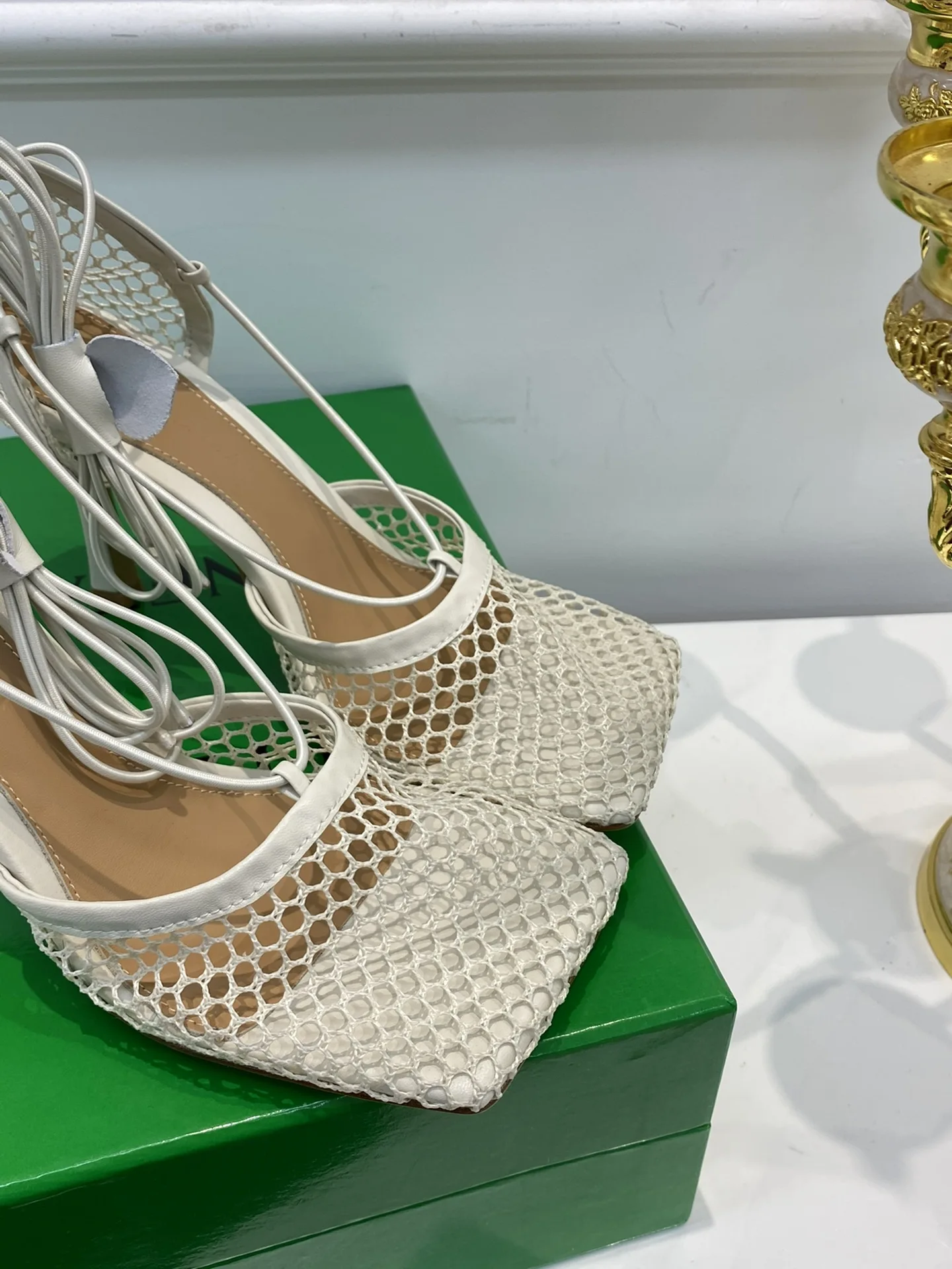 

Luxury Vintage Roma Tied Strap Nylon Mesh High Heel Sandals For Women Genuine Leather Sole Sheepskin Wrap Square Toe Pump