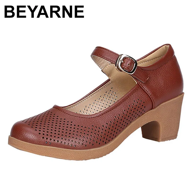 

BEYARNE Mary Jane shoes square heel ankle strap party wedding work comfort breathable round heel shoes for women pumps brown