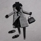 Шерстяное пальто JK288 с бархатным воротником и лацканами, повседневное шерстяное пальто средней длины в клетку, с поясом, на зиму