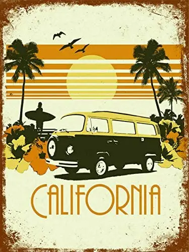 

California Surfing Poster Retro Painting Tin Sign for Street Garage Family Decoration Crafts Metal Tin Sign 8x12inch