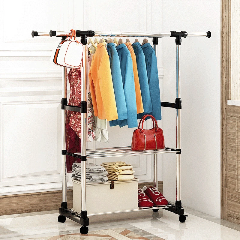 

Single Double Pole Drying Rack Living Room Shoe Shelf Adjustable Stainless Steel Coat Stand Floor Clothes Hanger with Wheels