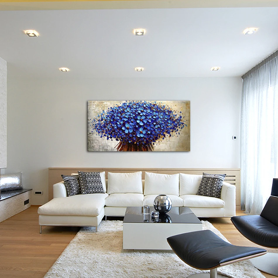 

Unframed Panel Dark Blue Flower Tree Thick Palette Knife Painting Home Decor Hand Painted Oil Painting Wall Art Picture Gift