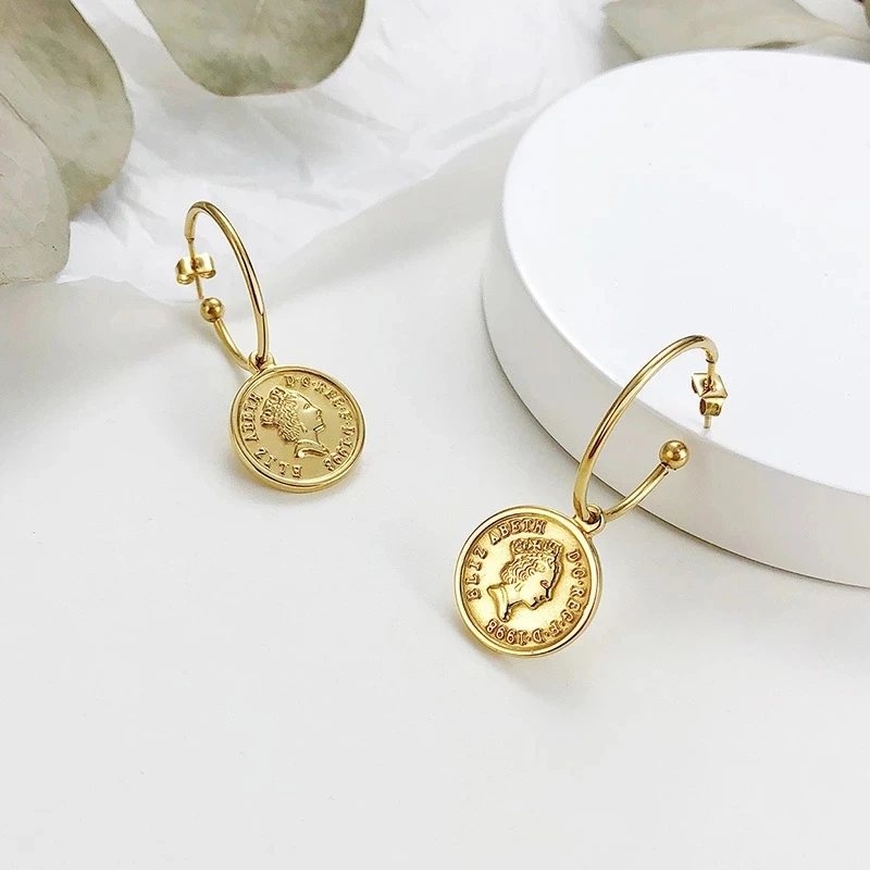 

OLEVS Coin Avatar Hoop Earrings for Women Gold-color Stainless Steel Round Drop Dangle Ear Jewelry Chic Lady Punk Accessory Gift