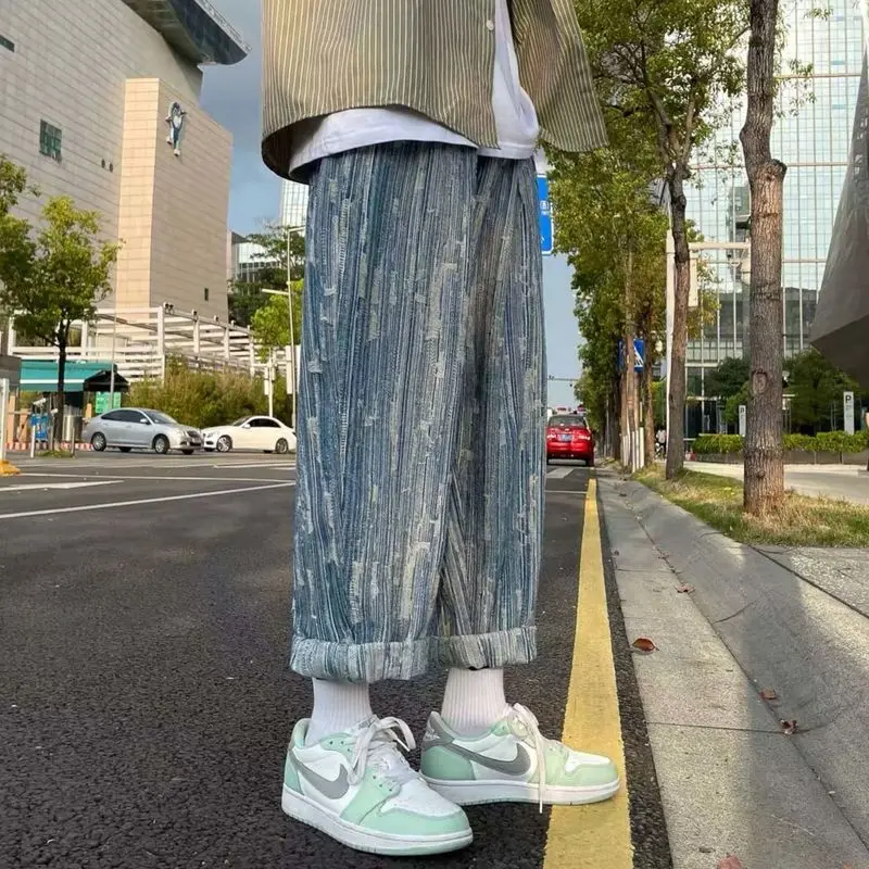 

Jeans For Men Autumn Retro Striped High Street Wide-Leg Man Trouser Straight Loose Oversize Casual Pants Streetwear Man Clothing