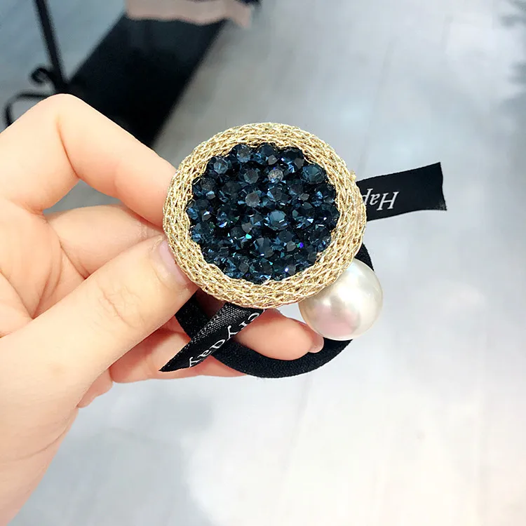 Blue Высокое качество, ручная работа, корейские простые чешские Стразы, золотой круглый галстук-бабочка, резиновые эластичные резинки для волос, женские модные аксессуары для волос - Цвет: Blue