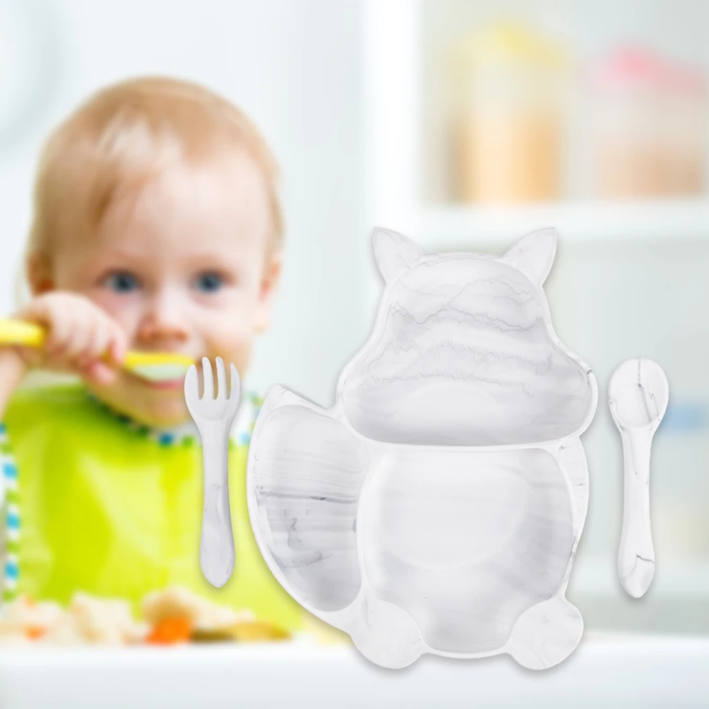

Silicone Squirrel Divided Suction Plate Fork Spoon Set for Baby Infant Kids