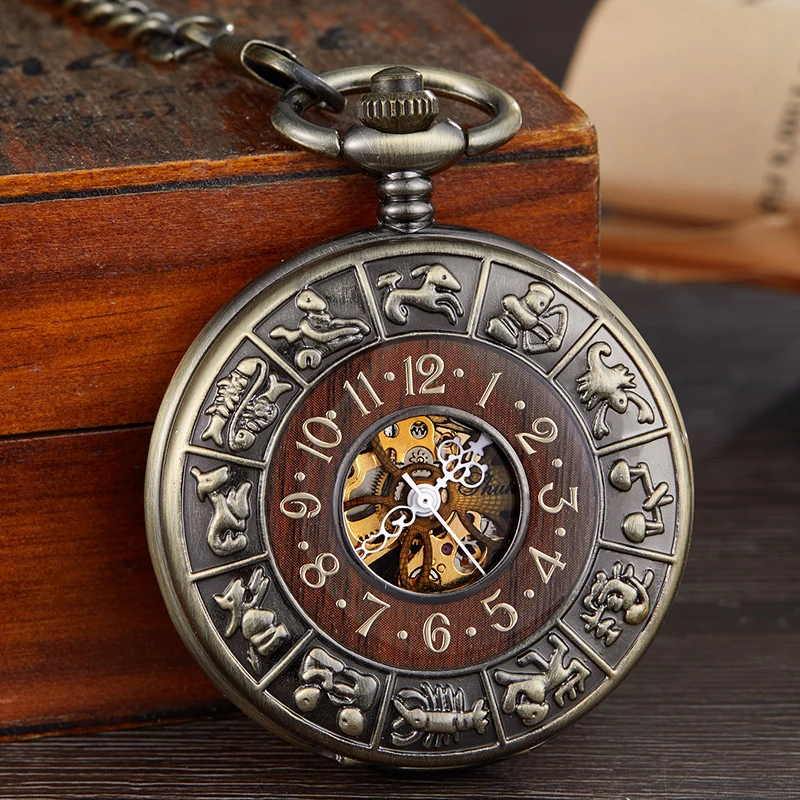 Zodiac Engraved Mechanical Pocket Watch Skeleton Wood Bronze Case Fob Chain Clock for Men Women Collection Reloj Dropshipping
