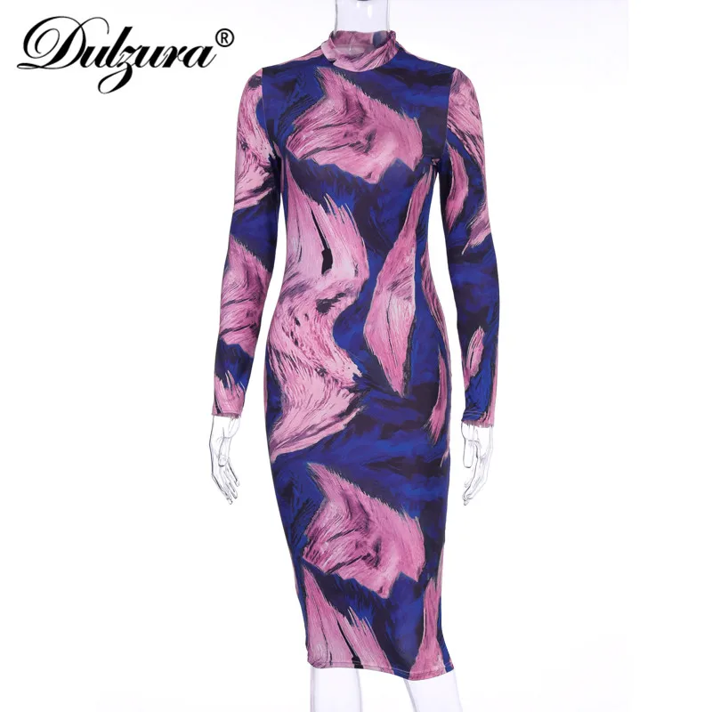 

Dulzura women midi dress tie dye print long sleeve bodycon sexy streetwear party 2019 autumn winter festival clothes clubwear