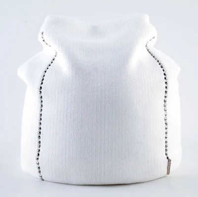 Winter Beanie Women Knitted Wool Hats Female Fashion Skullies Beanies With Rhinestones Solid Color Warm Knit Bonnet Ladies Cap - Color: White