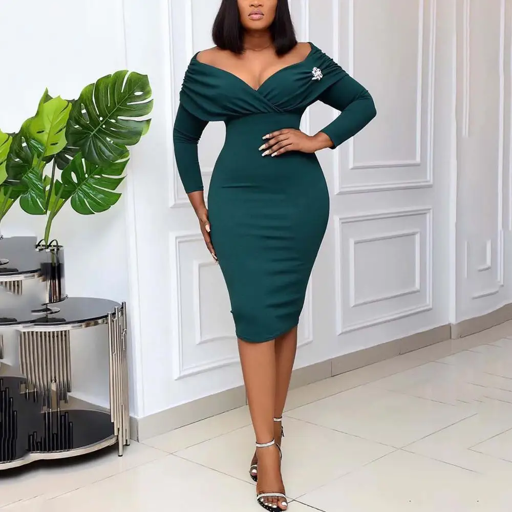 

Office Dresses For Ladies 2020 Autumn Fall Long Sleeve Slash Neck High Waist Elegant Work Business Formal Robe Blue Dresses Midi