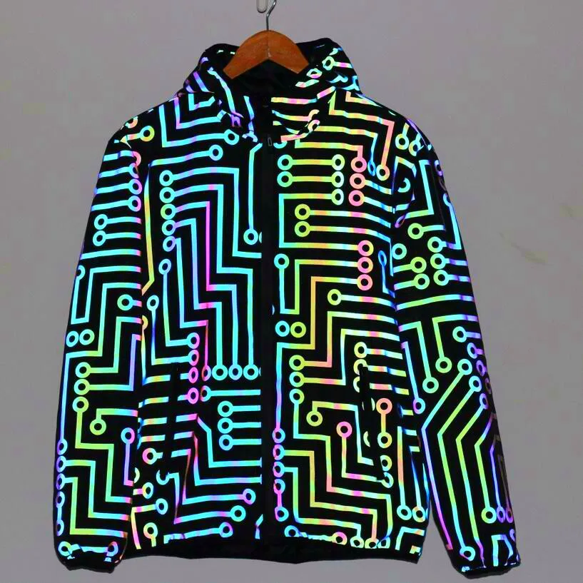 

2021 Men's Reflective Jacket Nightclub Dancer Hip-Hop Colorful Windbreaker Hooded Coat Circuit Geometric Pattern Rainbow-Colored