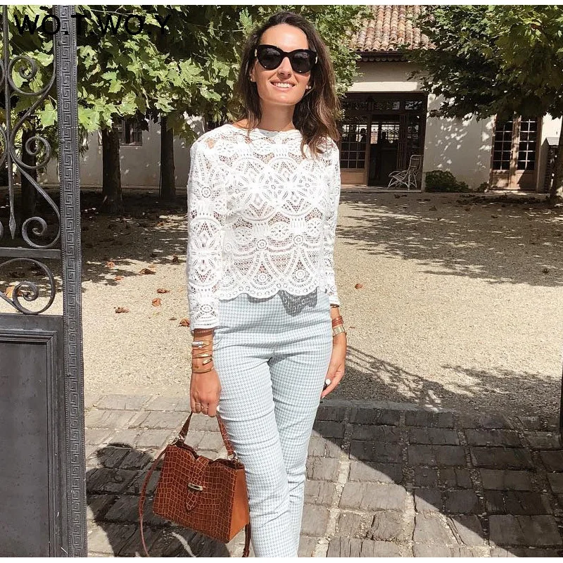 WOTWOY белая открытая блузка женская кружевная уличная рубашка Boho в Корейском Стиле Лолита женские топы молочные шелковые блузки женские рубашки