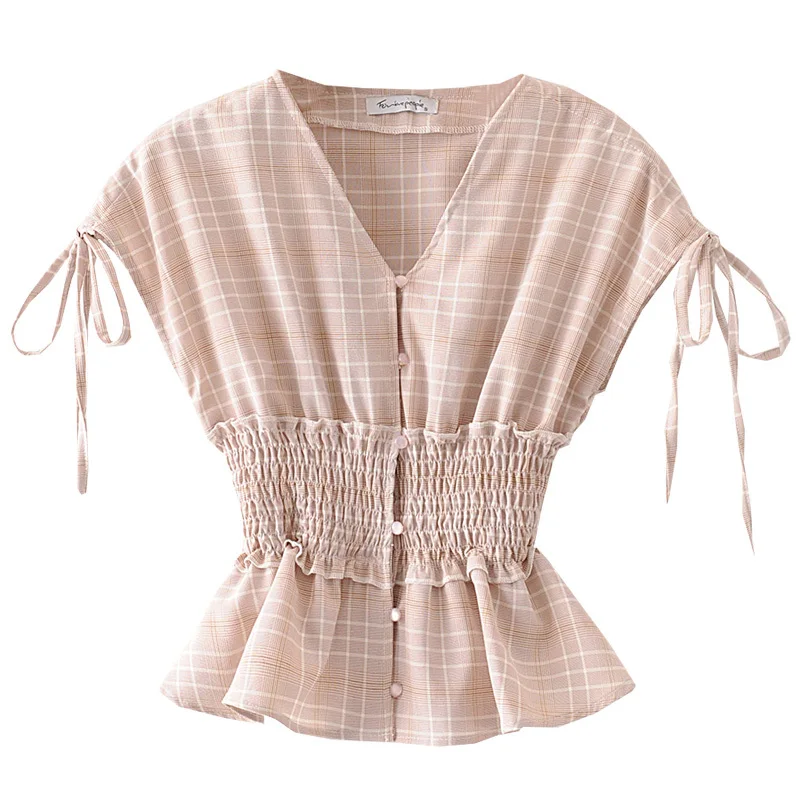 Розовая и оранжевая клетчатая рубашка с завышенной талией Сексуальная Блузка