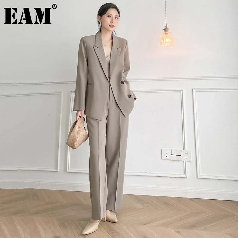 

[EAM] Wide Leg Pants Casual Two Piece Suit New Lapel Long Sleeve Loose Fit Women Fashion Tide Spring Autumn 2021 1DE2201