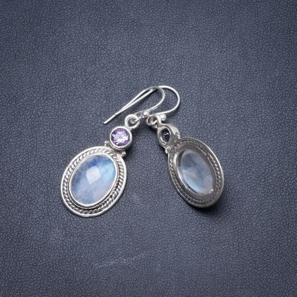 Серьги из натурального радужного лунного камня и аметиста ручной работы