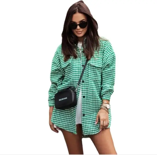 

European and American women's 2021 autumn and winter new fashion temperament plaid single-breasted dovetail shirt jacket women