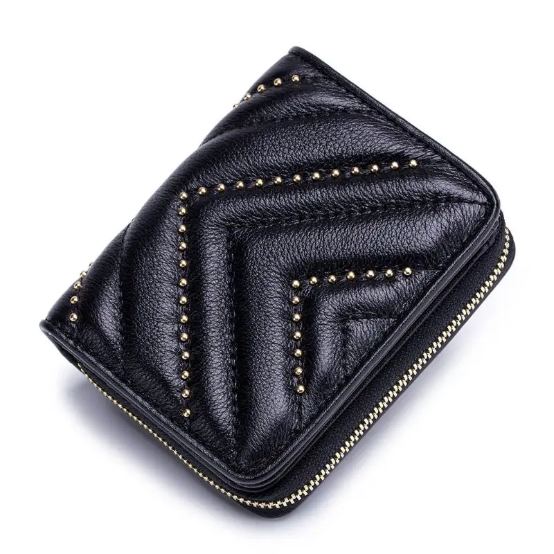

Leather Rivet Wallet for Women Small Credit Card Holder Zipper Coin Bag Mini Purse C90E