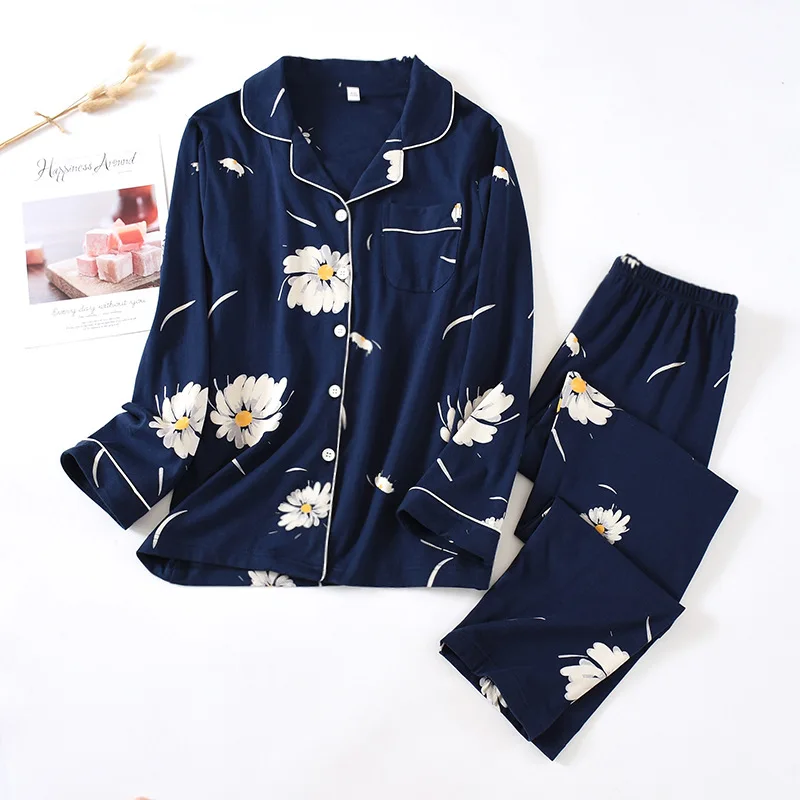 

Women's Long-Sleeved Pijama Autumn Knitting Cotton Pajamas for Women Floral Printing Pijamas Two Piece Suit Sleep Tops Sleepwear