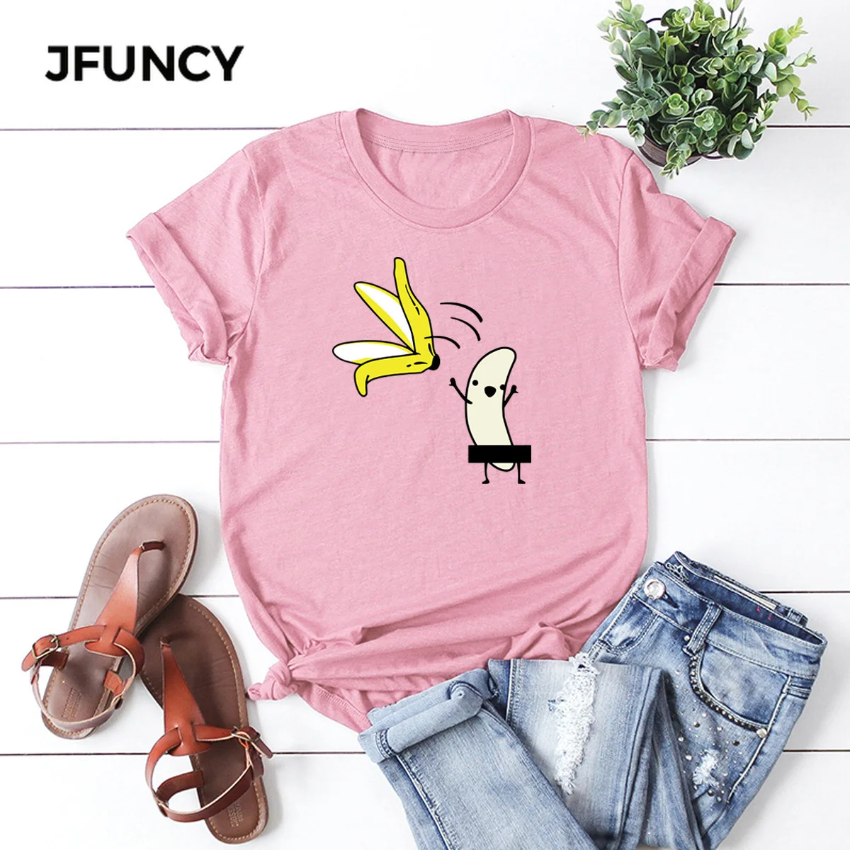 JFUNCY S-5XL T-Shirt Funny Banana Peeling Himself Print T Shirt Women Cotton Short Sleeve Summer Tee Tops Casual Shirt