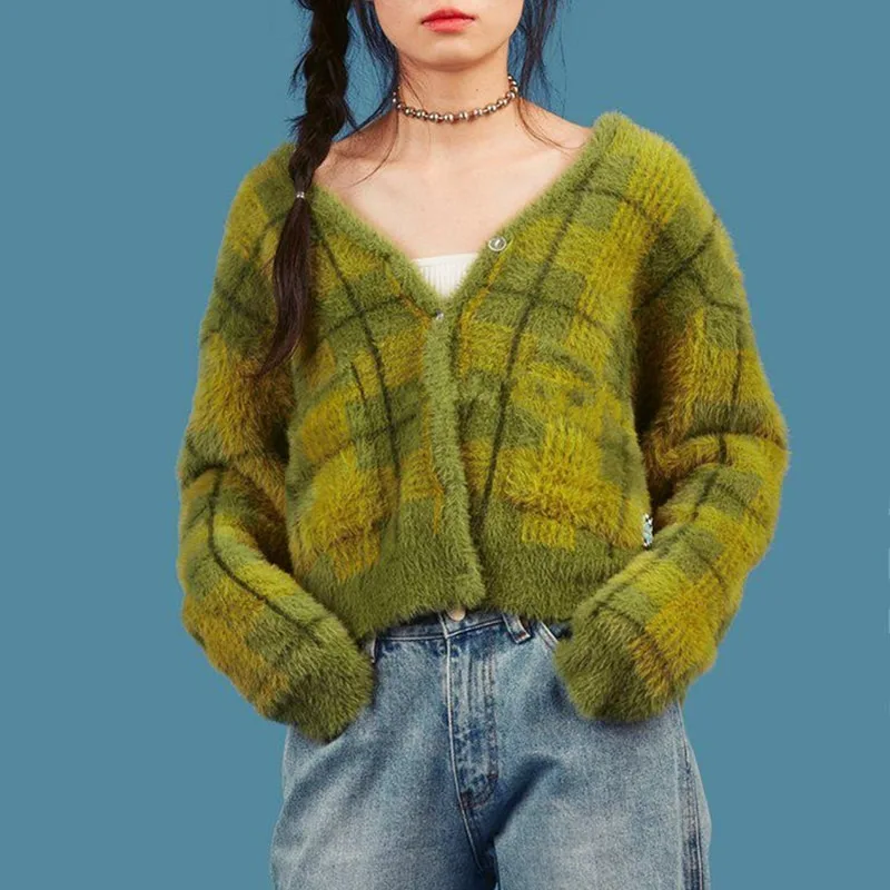 Vintage Synthetic Mink Cashmere Sweater Women Harajuku Lazy Style Ladies V-Neck Button Up Cropped Fuzzy Plaid Cardigan Knitted |
