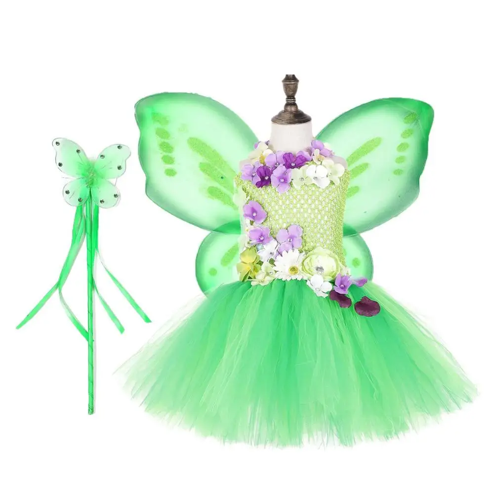 Girls Tinkerbell Magic Fairy Tutu Dress Green Flower Princess costume Children halloween Fancy Costumes outfits with wing wand |