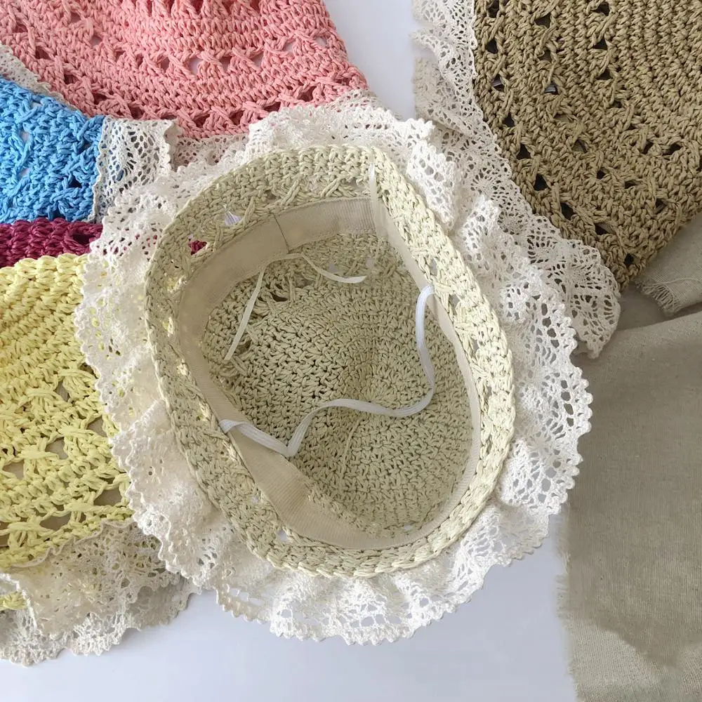 

Kids Girls Large Brim Straw Woven Sun Protection Beach Hat Colorful Pompom Ball Summer Floppy Bucket Hat Kids