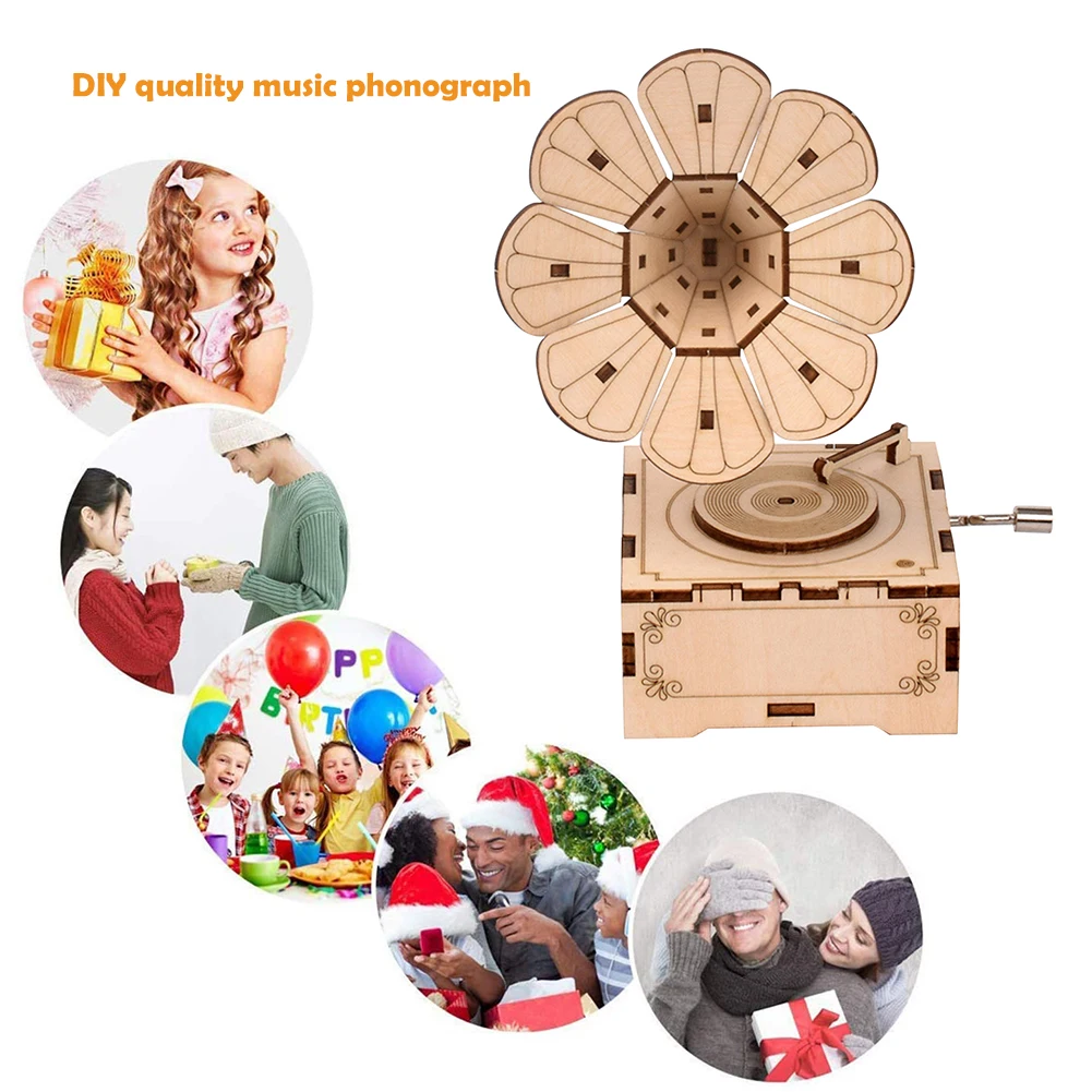 

DIY Wooden Phonograph Gramophone Children Hand Cranked Puzzle Assembly Toy
