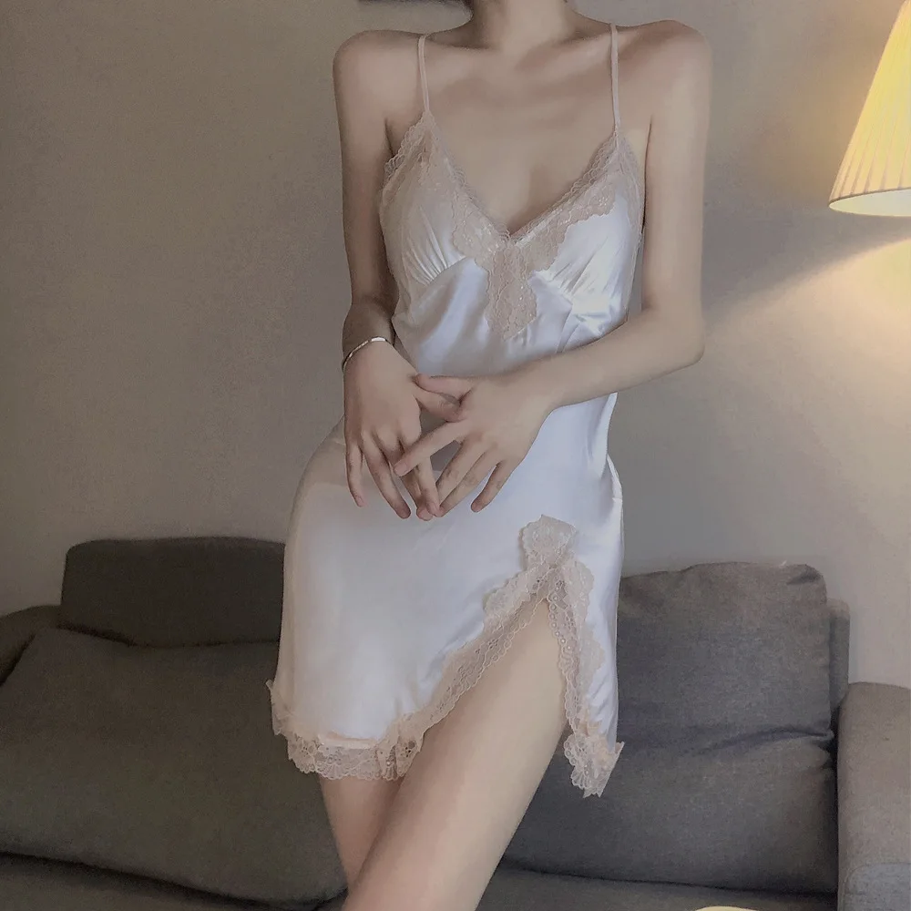 

Lace Summer Slip Dress For Women Sexy Nightwear V-Neck Satin Spaghetti Strap Nightgown Sleepwear Lounge Wear Home Dressing Gown