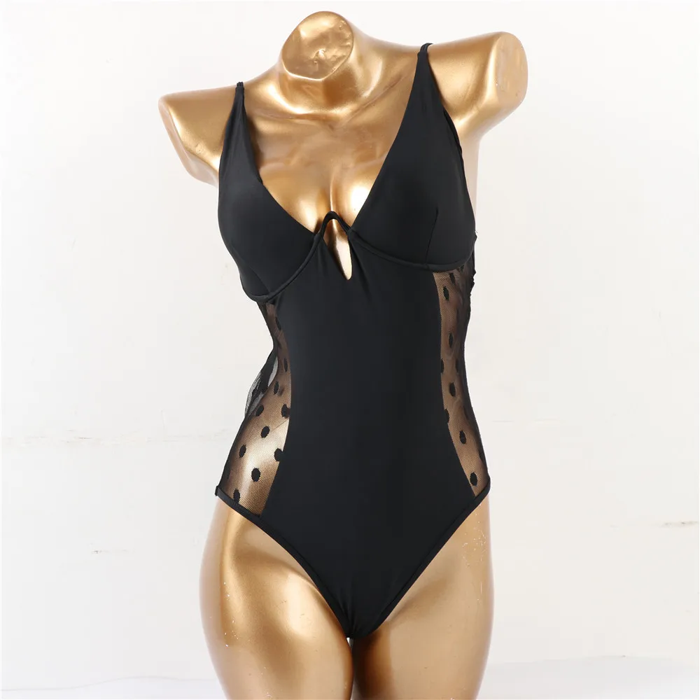 Сексуальный черный сетчатый Цельный купальник с узором в горошек пуш-ап на