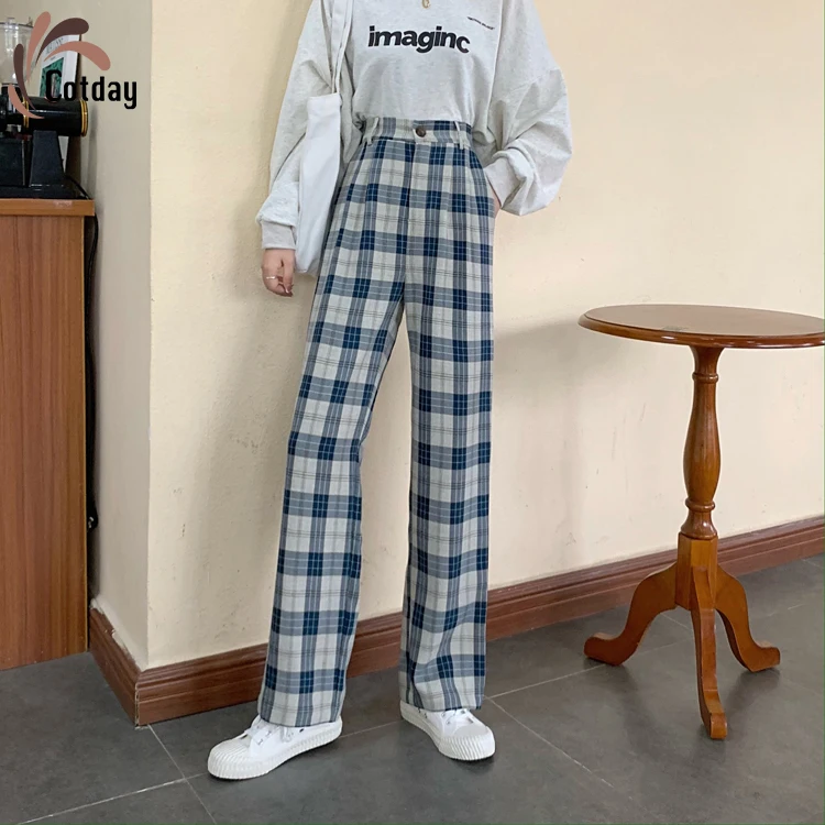 

Cotday Wide Leg Plaid Pants Lattice For Show Thin The Students Are Tall Women In Spring 2021 Fashion Wide Leg Straight Pants