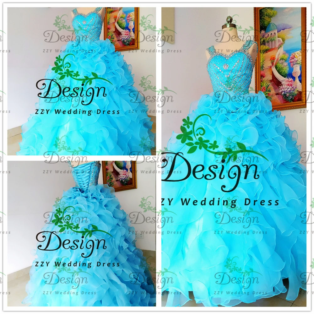 

Quinceanera Dresses Spaghetti Straps Organza Crystals Blue Ball Gown Appliqued Multi-Layers Vestidos De Quinceañera Dresses