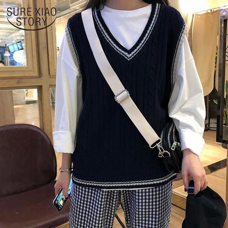 Korean Style V-neck Sweater 2022 Autumn and Winter Vest Solid Sleeveless Pullover Women Fashion Clothing All-match 10971 | Женская