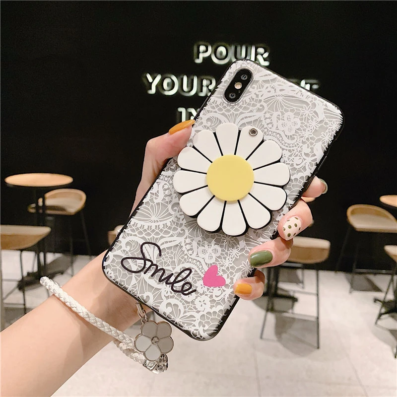 Lace Flower Makeup Mirror Phone Case For Samsung Galaxy S8 S9 S10 Lite S7 S6 Edge Plus C5 C7 C9 Note 8 9 With Lanyard Back Cover - Цвет: 3