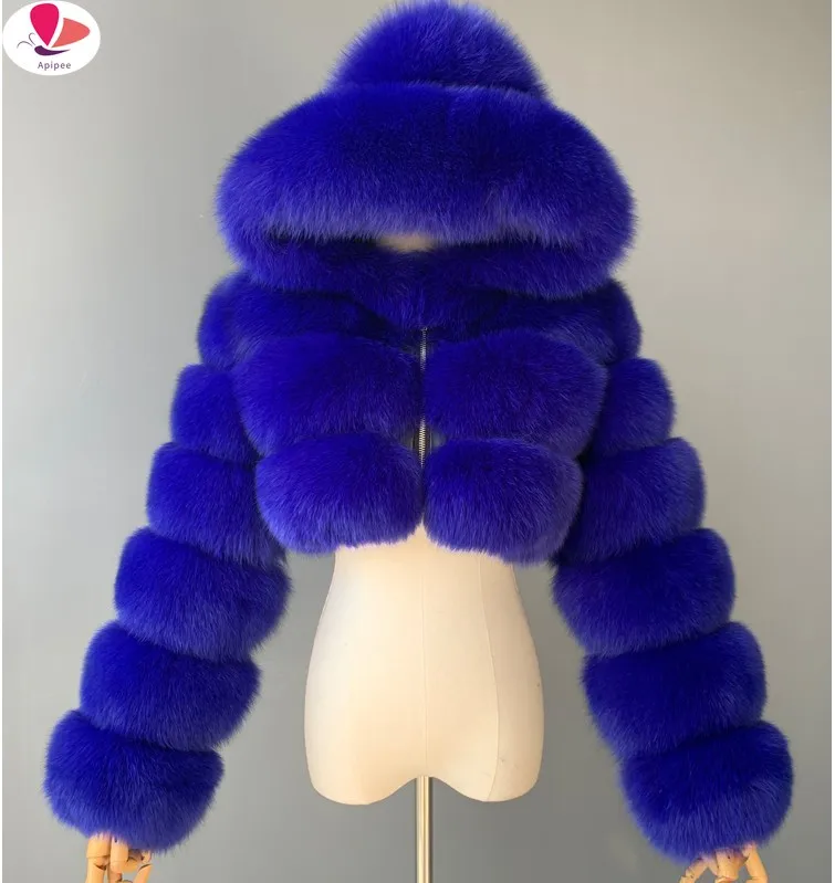 

Fashion Hooded Faux Fur Coat Women 2022 Winter Warm 8XL Blue Furry Overcoat Elegant H Crop Jacket Femme