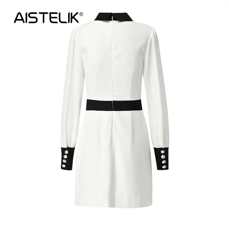 

AISTELIK 2021 spring and summer new star black and white cotton long-sleeved dress with tie and bubble sleeve shirt skirt