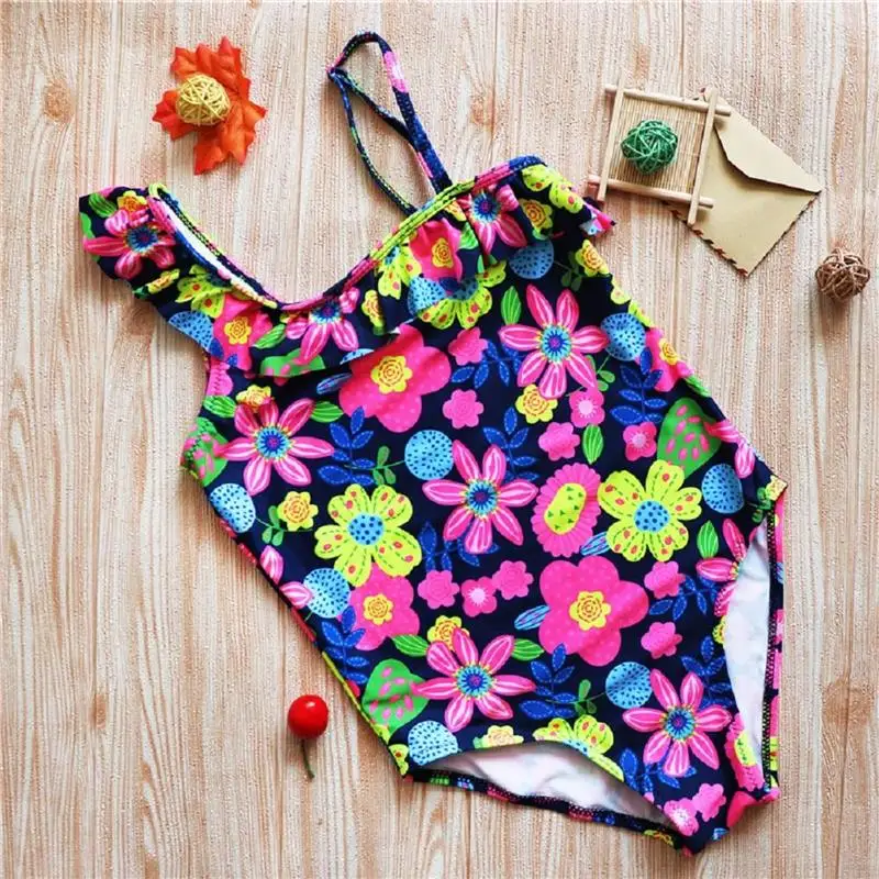 

2021 New Girls Swashshoulder Swimsuit One Piece Swimwear Colorful Flower Print Ruffle Bodysuit Bikini