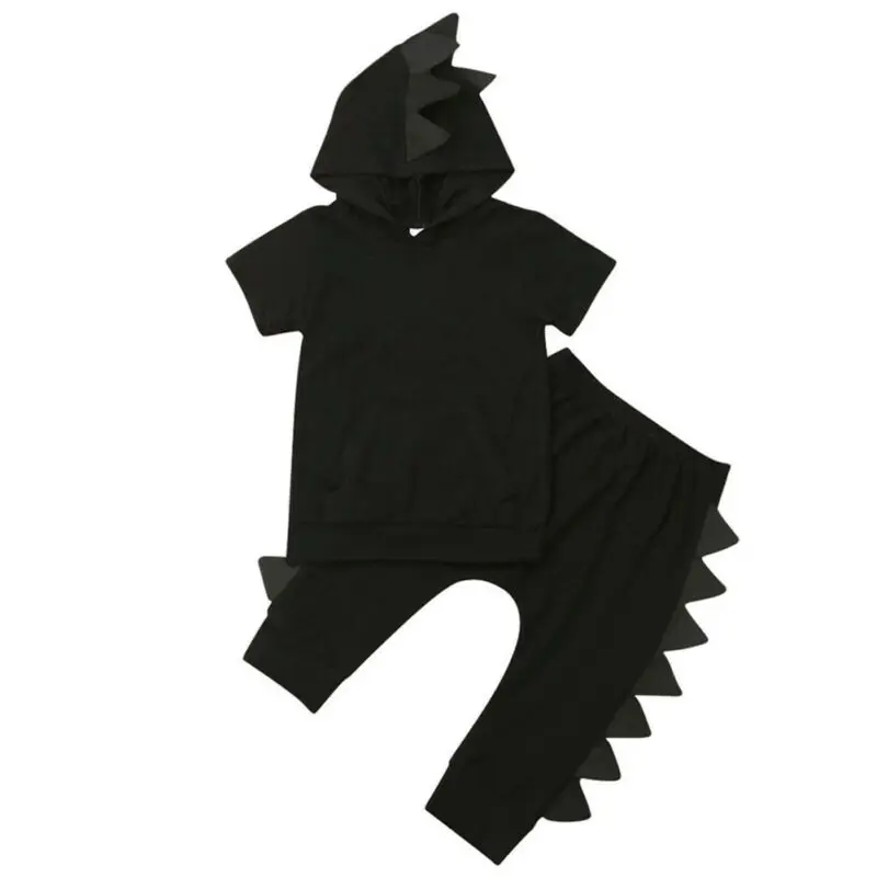 2019 Newborn Toddler Kids Baby Boy Clothes Set Summer Hooded Short Sleeve Black Solid T-shirt Tops Pants Trousers Outfit 2PCs |