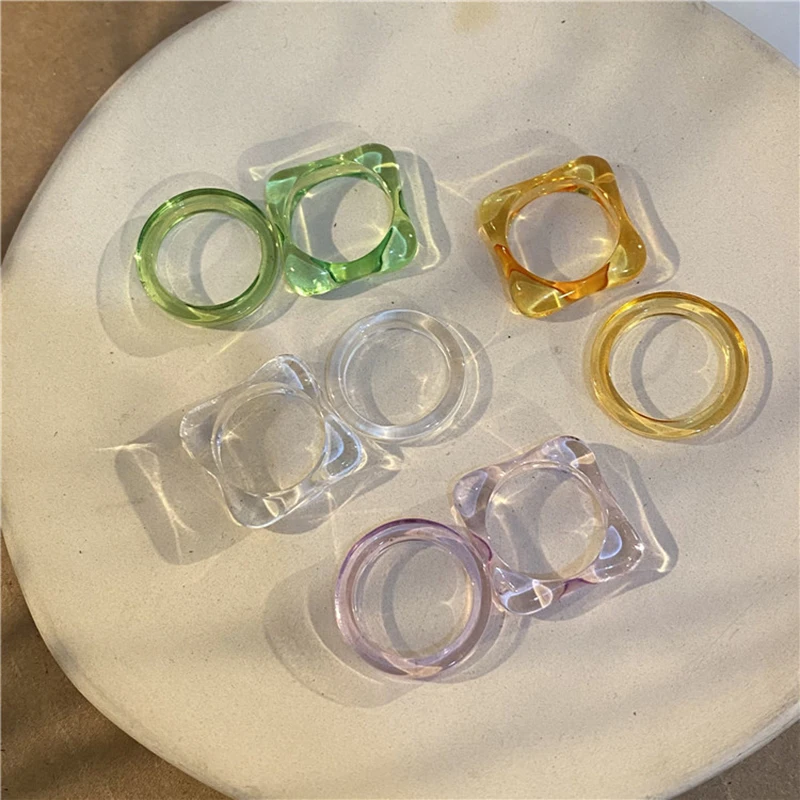 

2021 New Korea Geometric Square Acrylic Resin Rings Set For Women Girls Irregular Colorful Transparent Ring Rings Jewelry