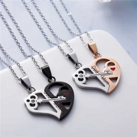 2pcs his and hers titanium steel love heart lock key couple pendant necklace