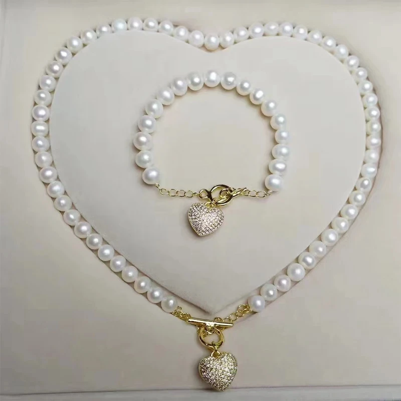 Один комплект из белого пресноводного жемчуга почти круглый браслет 8-9 мм 18