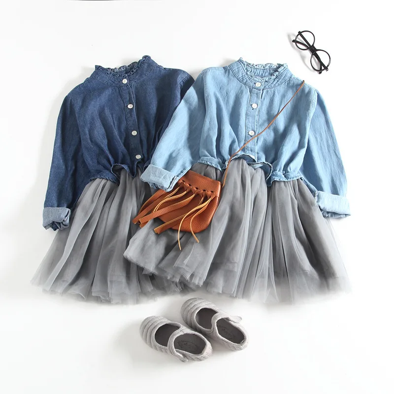 

2021 Girls Spring Denim Dresses Summer New Children Round Ruffles Collar Mesh Dress Cotton Lace Toddles Princess Fashion Outfits