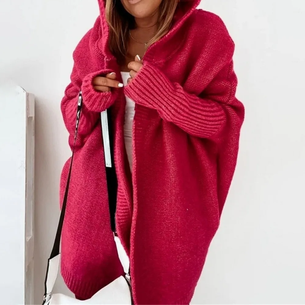 

MoneRffi Hooded Women Cardigan Sweater 2021 Long Oversized Cardigans Knitted Jacket Female Batwing Sleeve Jumpers Top Outfits