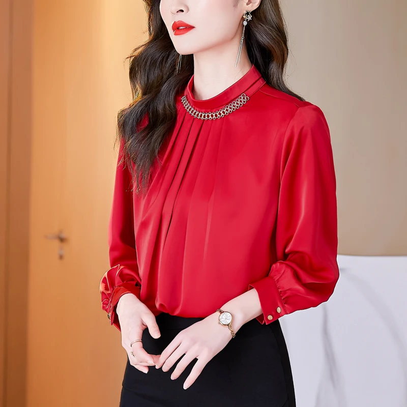 

Silk Women's Blouse O-neck Girl's Shirt Solid Leisure Top Spring Autumn Long Sleeve Clothing Loose Lady Blusas Houthion
