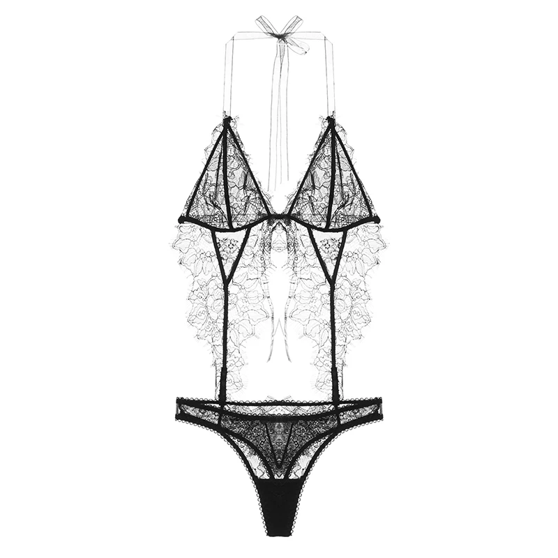 

Quality Jumpsuit Sexy Lingerie Open Hip Design Eyelash Lace Red Black White 3 Colors