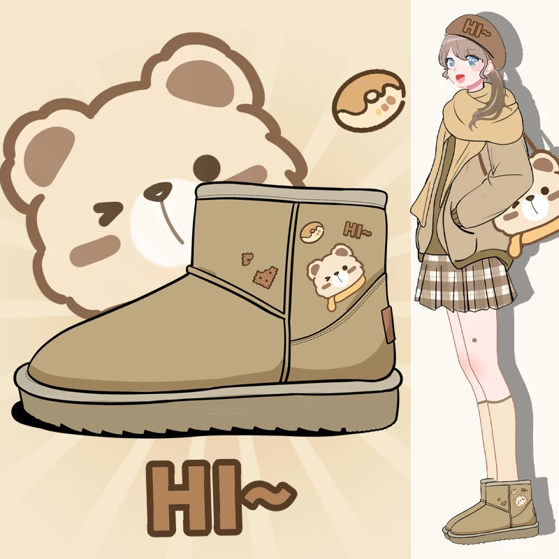 

2021 Winter Women's Shoes Students Cartoon Snow Boots Women Winter Warm Plush Mid Calf Flat-heeled Cotton Shoes Women's Boots
