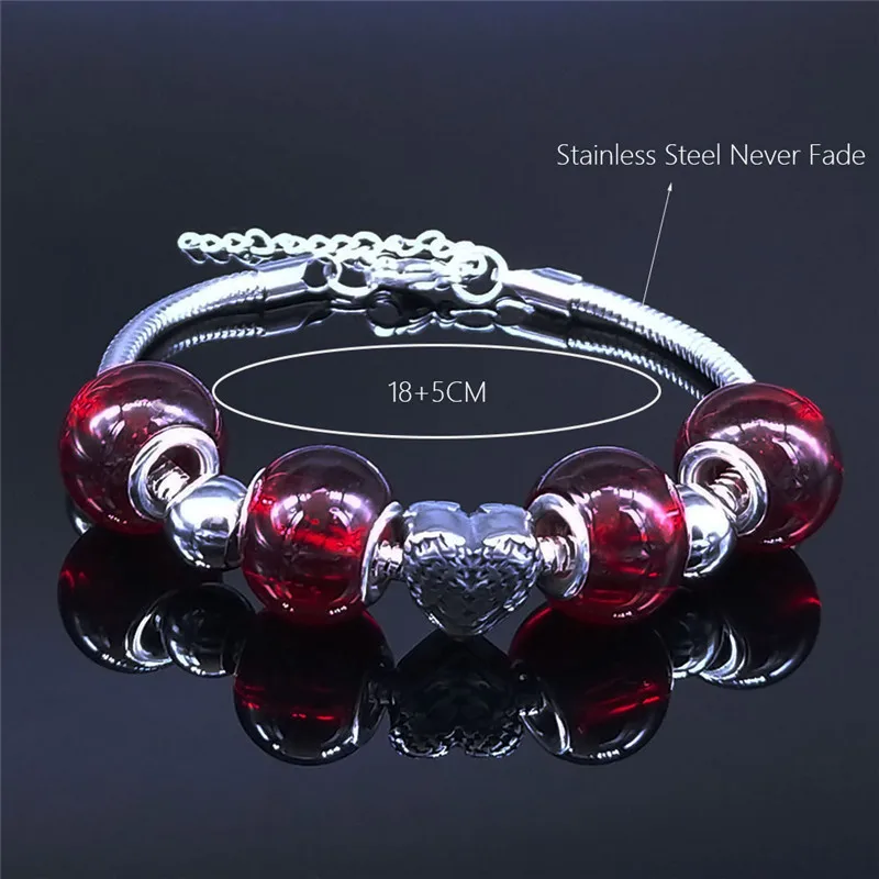 

AFAWA Wings Heart Red Glass Stainless Steel Bead Charm Bracelets Women Silver Color Bracelets Jewelry pulseira feminina BXS01