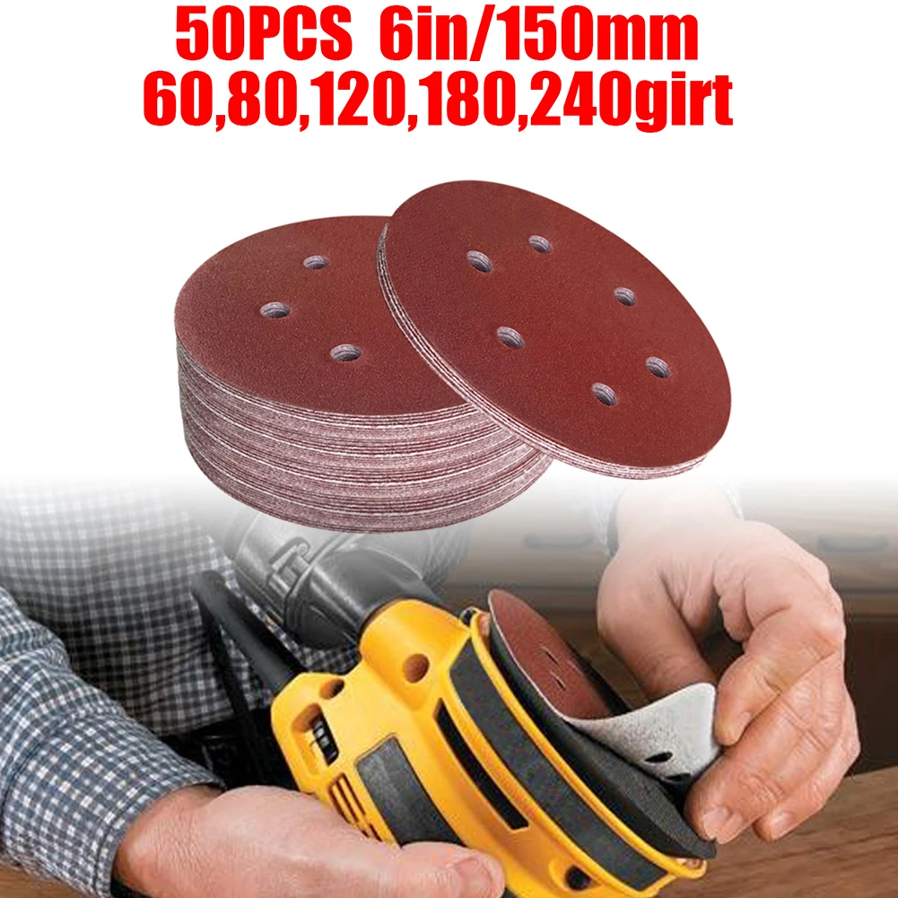 

50pcs 6 Inch 150mm 6 Hole Sandpaper Alumina 60 /80 /120/ 180/ 240Grit Holes Aluminum Oxide Flocking