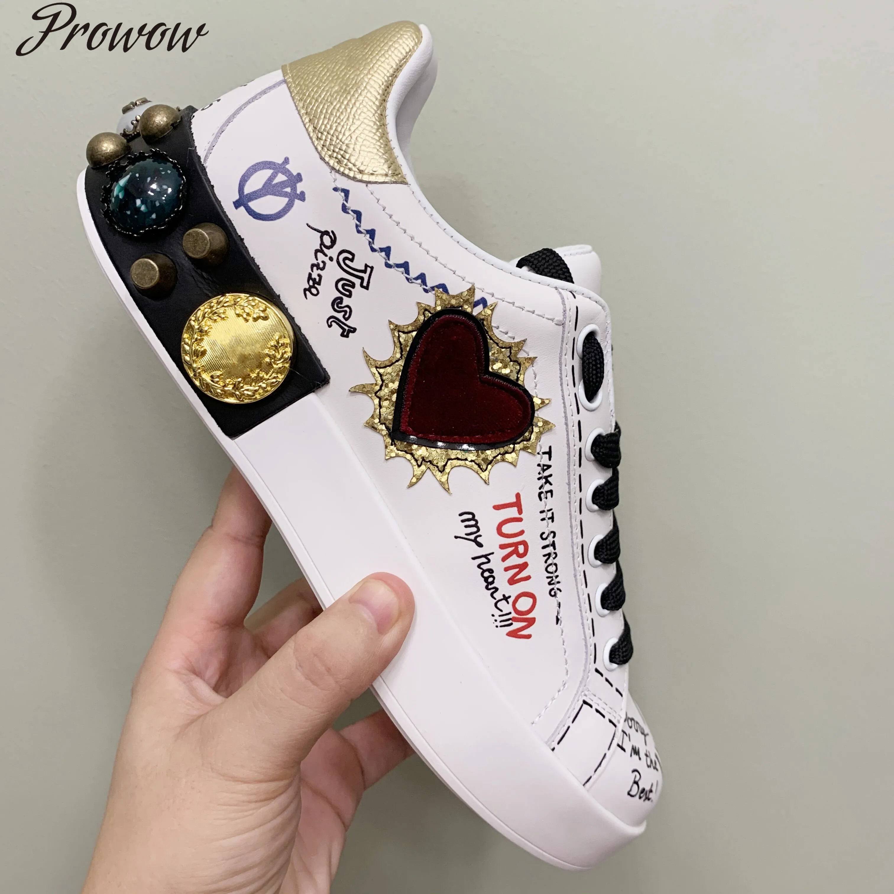 

Prowow Casual Designer Lady Fashion Women Shoes White Genuine Leather Graffiti Patchwork Trainer Lace Up Shoes for Woman